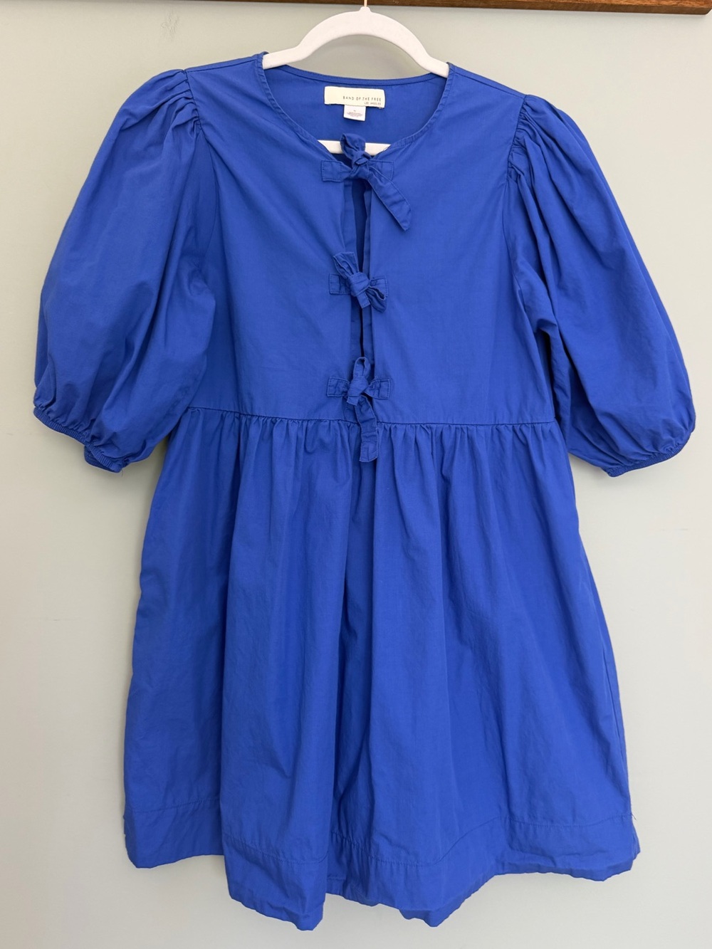 Band of the Free 100% Cotton Lapis Blue Tie Front Puff Sleeves Babydoll Dress